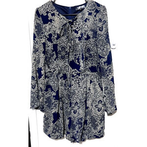 Fashion Union Womens Romper sz M navy lace up neck long sleeve pockets Paisley